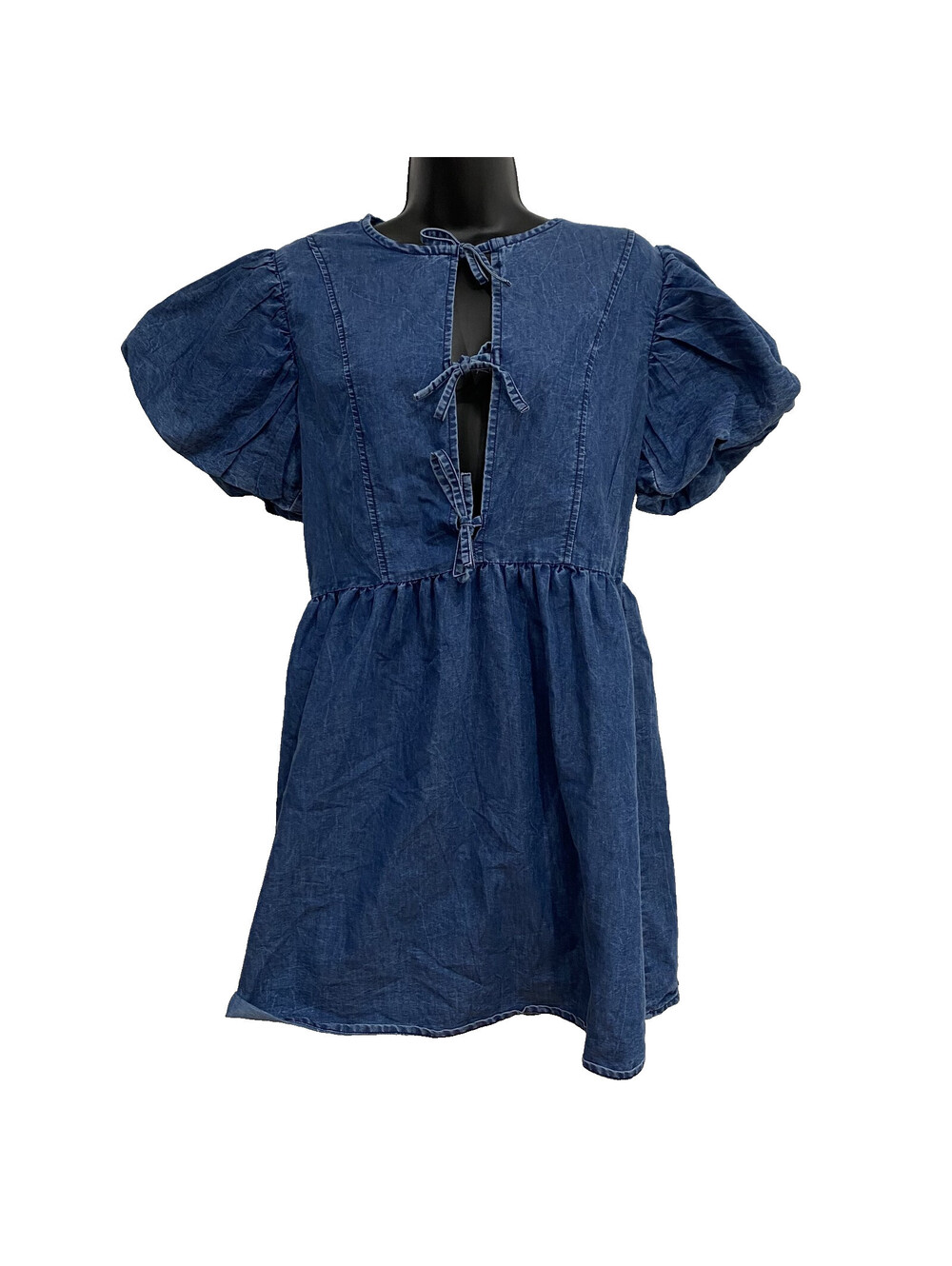 Style House Women's Sz L Bow Tie Front Babydoll Dress Oversized Puff Sleeves